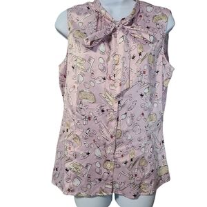 TAHARI kitty bow satin print career blouse M